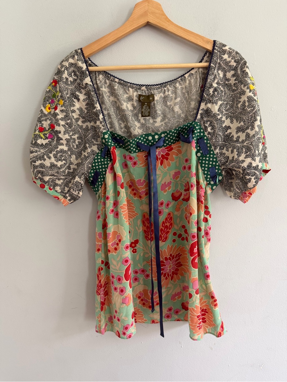 Anthropologie Fei Colorful Mixed Print Artsy Embroidered Silk Cotton Top Size 10